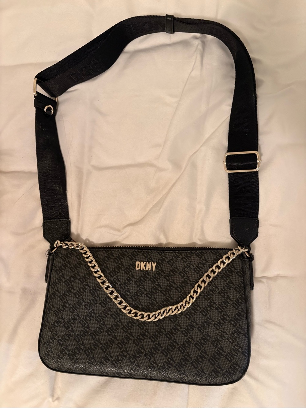 DKNY Black Logo Crossbody with Gold Chain Accent